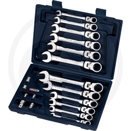 KS Tools GEARplus® jointed combination ratchet spanner set, lockable, 18 pcs., 8-19 mm, with adaptors